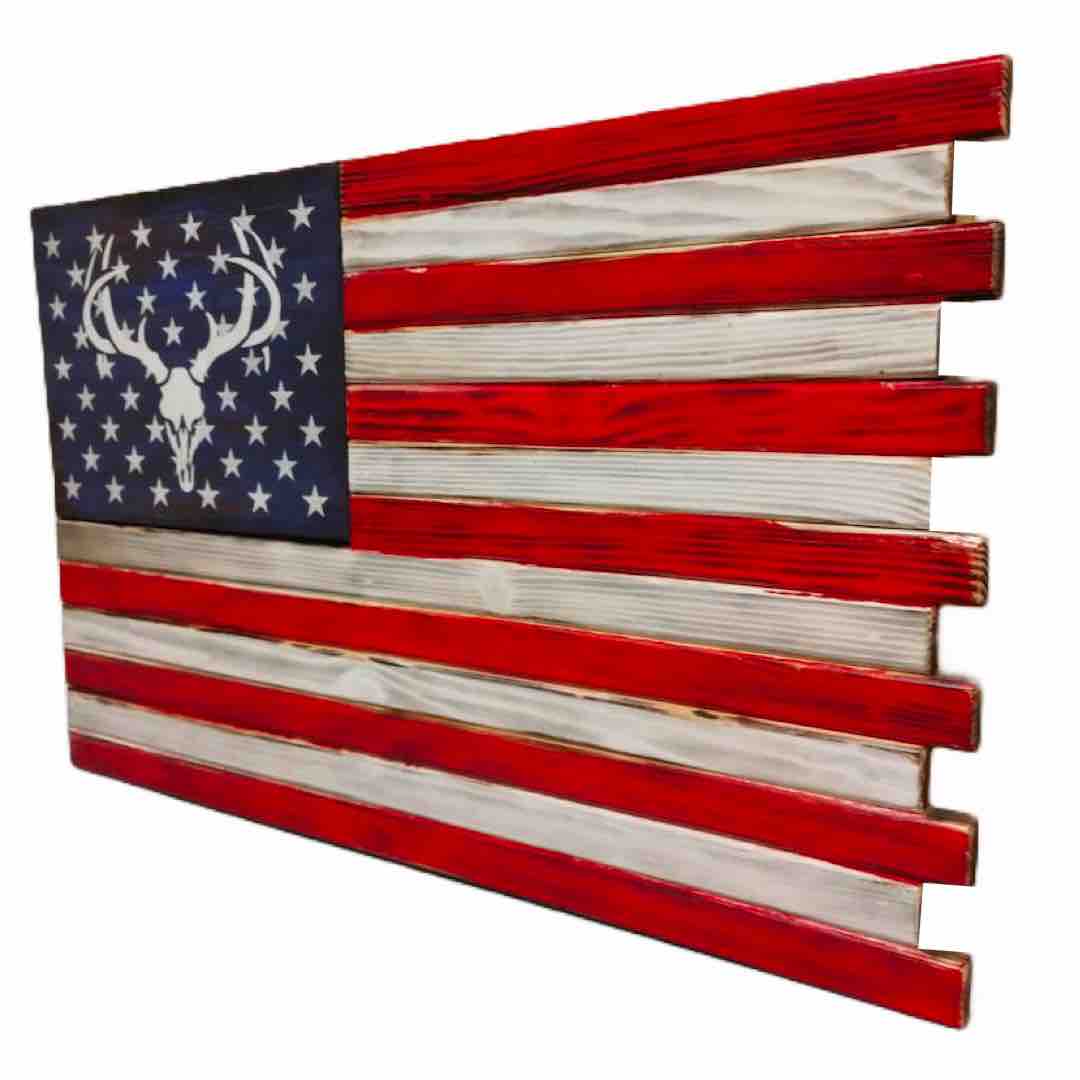 Large 2 Compartment American Flag Case in Torched Deer Skull Design