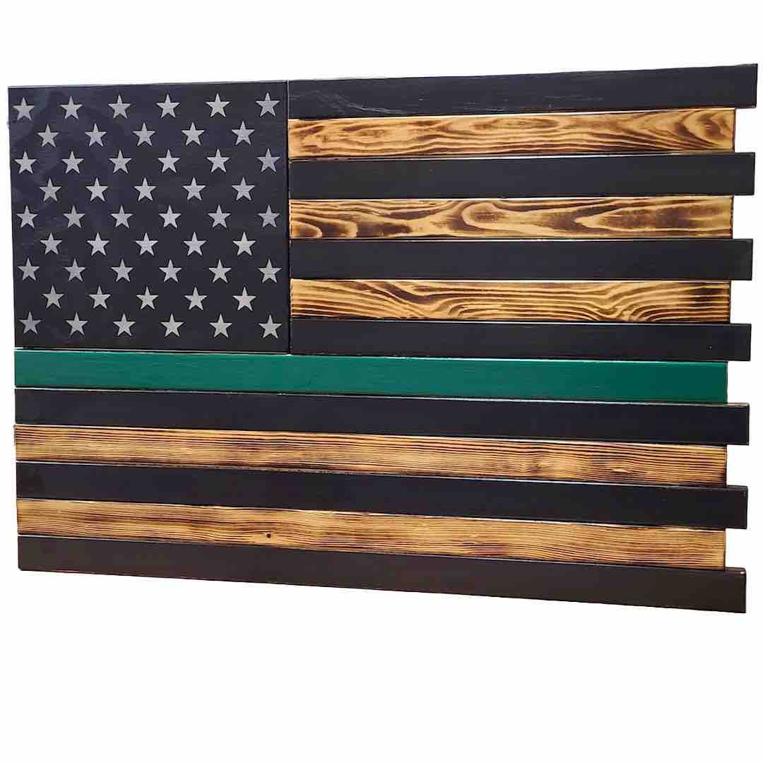 Large 2 Compartment American Flag Case in Torched Thin Green Line Design