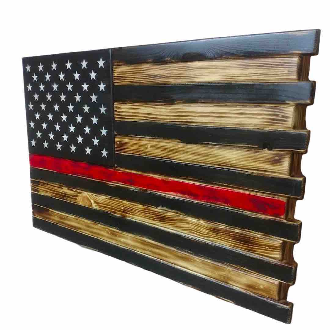 Torched American Flag with Thin Red Line