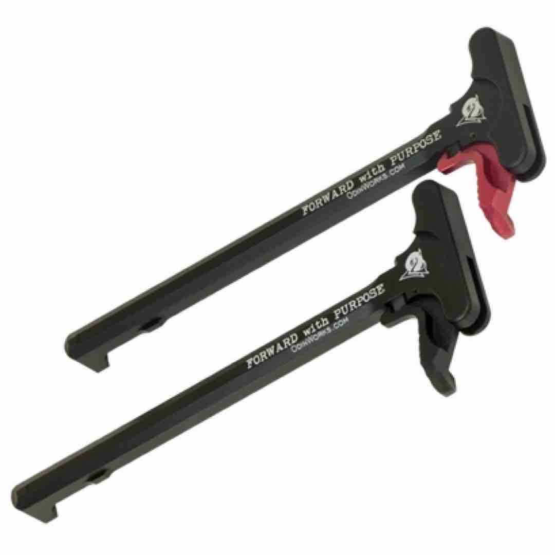 black and red extended charging handles for AR-15 platform