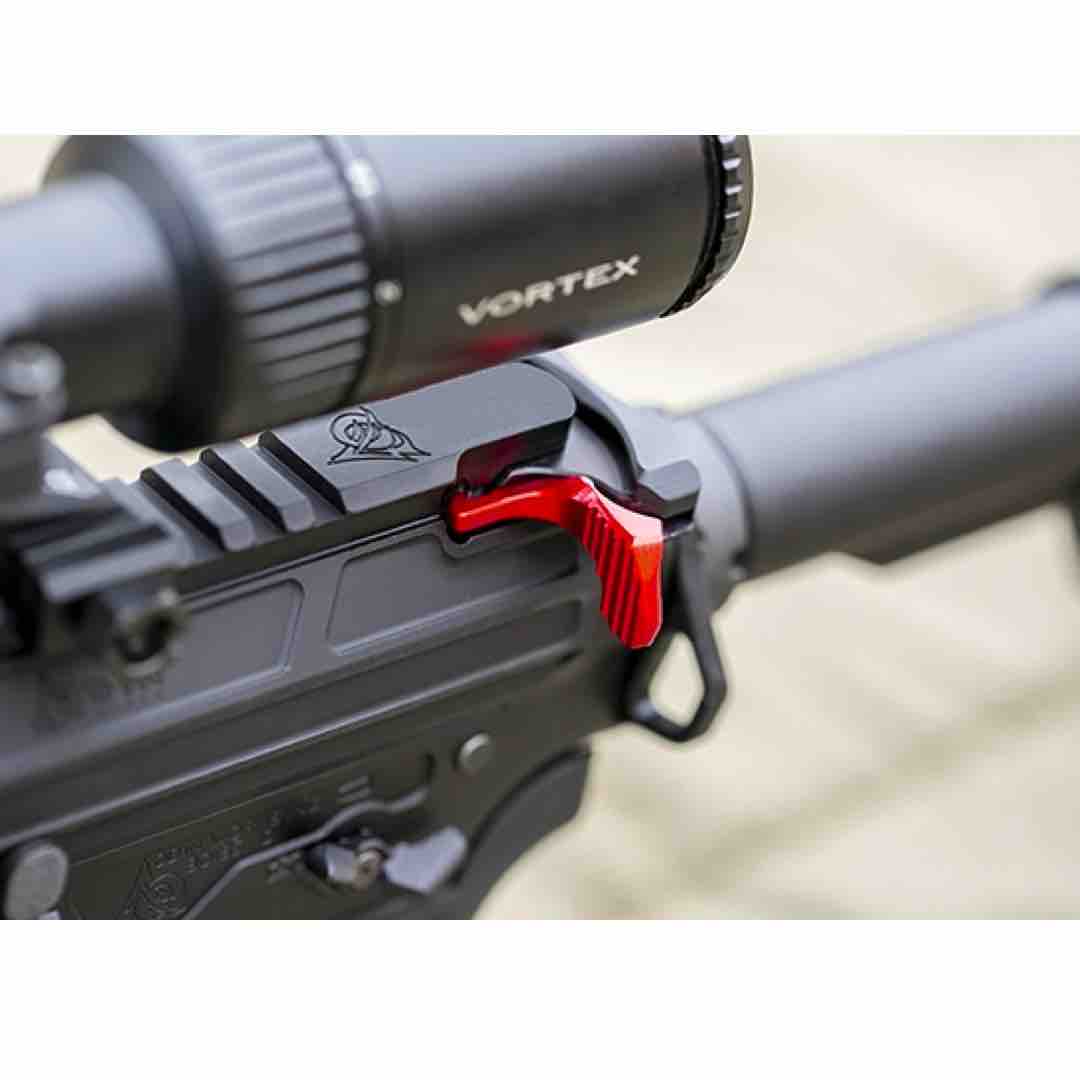 Red latch for Odin eXtended Charging Handle installed