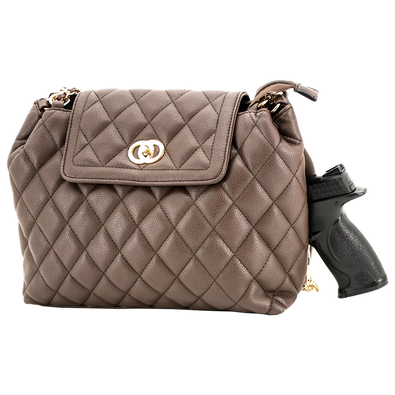 brown quilted concealed carry purse with center CCW compartment