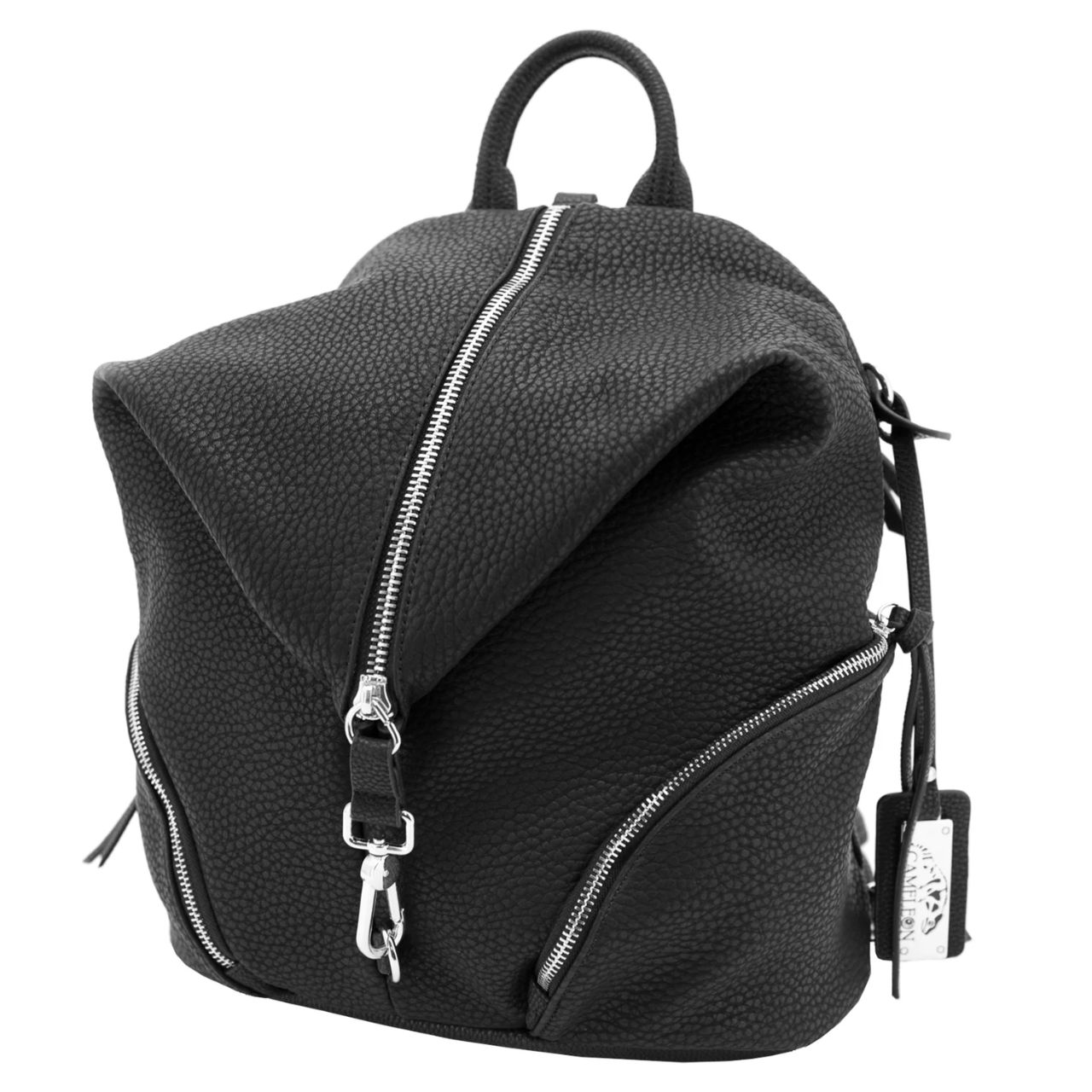 Angled view of Cameleon "Aurora" cblack, teardrop-shaped concealed carry backpack