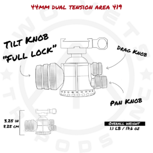 Illustrated features of Two Vets 44mm tripod bullhead with Arcalock