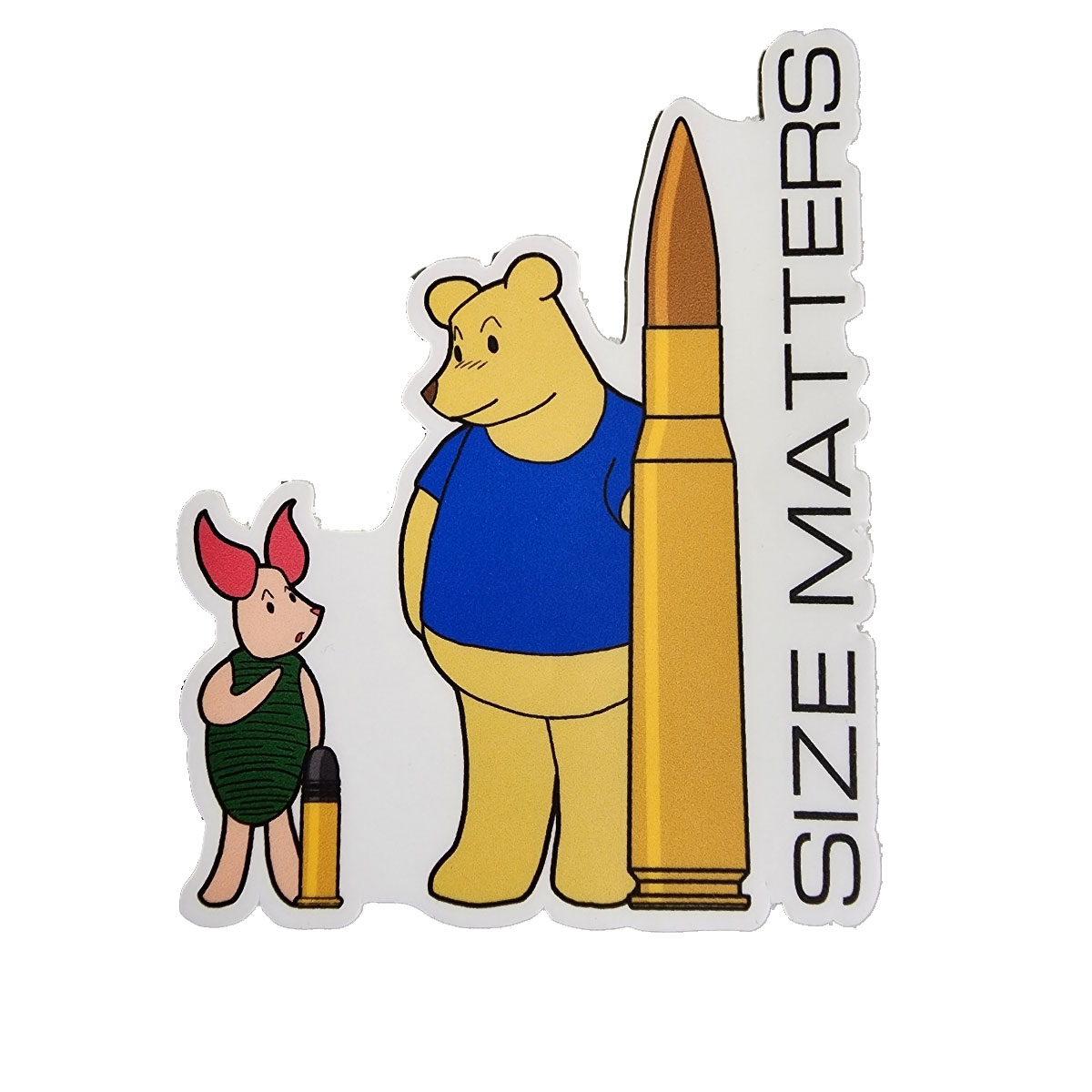 Winnie the Pew Sticker "Size Matters" - Winnie the Pew stands next to his tiny friend Piglet and a sizable round.